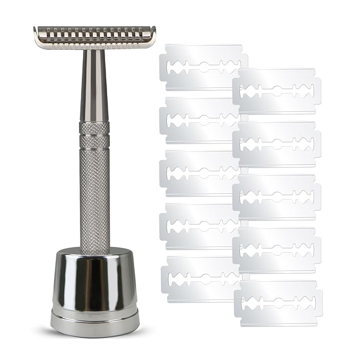 Double Edge Safety Razor with Stand, 10 Double Edge Blades, Single Blade Razors for Men and Women, Long and Heavy Duty Stainless Steel Handle, Silver