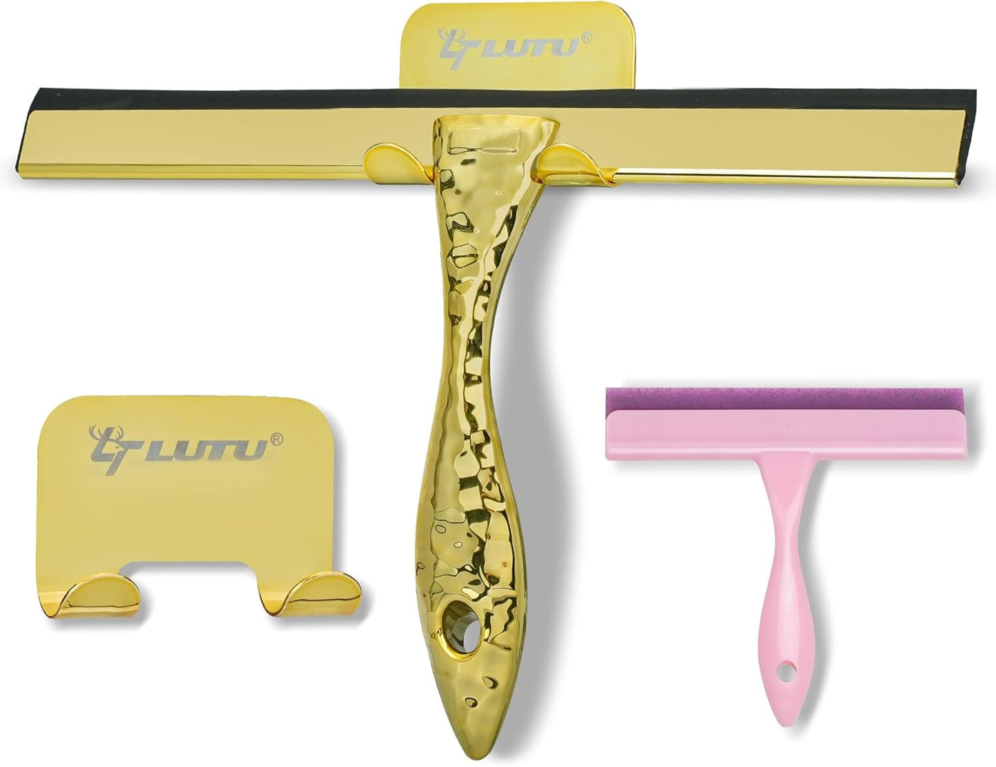 2-Pack Shower Squeegee for Glass Doors, 12 inch Gold Stainless Steel & 5 inch Pink Mini with 2 Gold Hooks, Non-Slip Hammered Handle, Silicone Wiper for Shower, Bathroom, Tile and Mirror