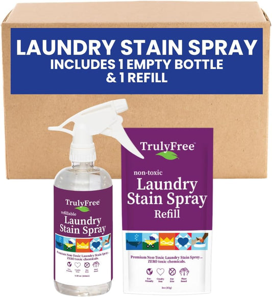 Truly Free Laundry Stain Remover Spray for Clothes - Removes Tough, Dried-In Stains on Whites & Colors -Natural Ingredients - Gentle Yet Powerful - Includes 3 oz Refill & Empty Refillable Bottle