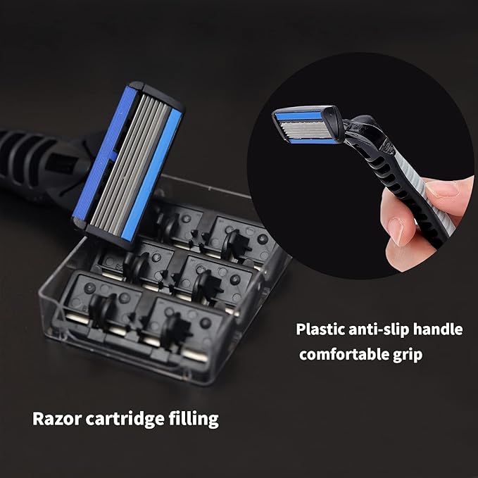 6-Blade Razor,Plastic Anti-slip Men Manual Refill Cartridges razors, Reusable Face Cleansing Care Tool, Shave Supplies for Men and Women - Black
