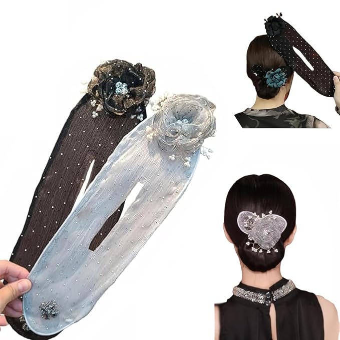 Hair Bun Maker for Long Hair, Ball Clip, Embroidered Flower Roller, Hair Twister, and Lazy Curler for Women (2pcs)
