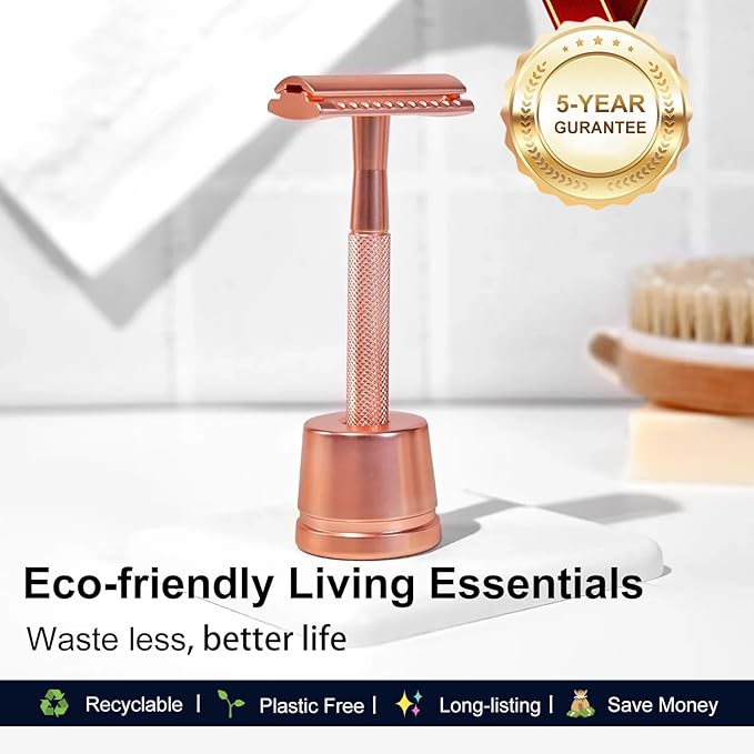 Safety Razor with Stand - Single Blade Razors for Women and Men - Reusable Metal Razor, with 10 Double Edge Blades, Smooth Close Shave, Plastic Free, Rose Gold