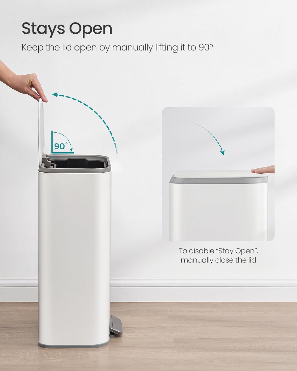 SONGMICS Kitchen Trash Can, 8-Gallon (30 L) Garbage Can with Lid, Stainless Steel, Soft Close and Stays Open, Inner Bucket, Wide Non-Slip Pedal, Cloud White ULTB546W01