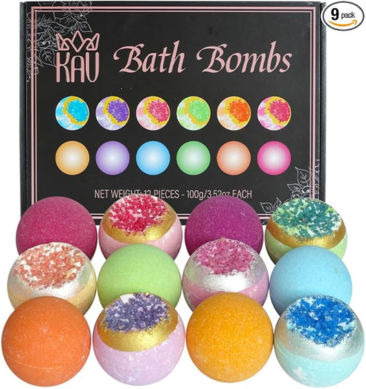 KAV Bath Bombs for Women — Natural Geode Bathbombs for Girls, Tweens | Set of 12 Organic Bath Bomb Giftset with Various Scents and Colors, Moisturizing Spa Fizzies — Essential Oil Infused Gift-Ready