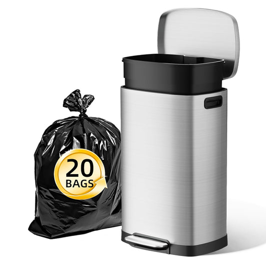 KUK 13 Gallon/50L Stainless Steel Kitchen Trash Can with Lid and Step Pedal-Large Capacity Garbage Bin with Odor Seal, Silent Close Lid, Removable Inner Bucket for Home, Kitchen, Bedroom, Silver