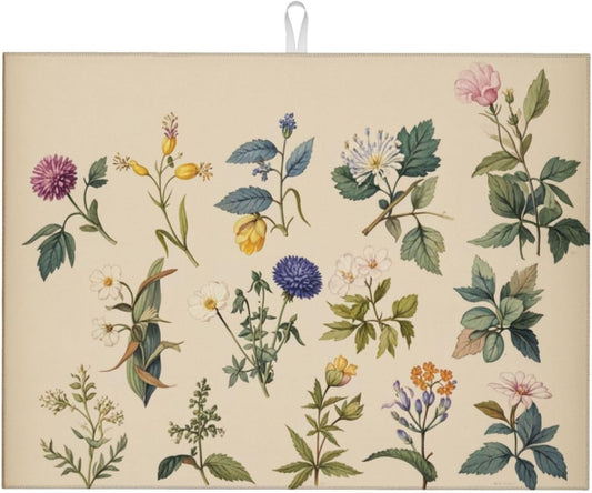 Vintage Plants Herbs Floral Dish Drying Mat Highly Absorbent Double-Sided Microfiber with Hanging Loop Reversible Drain Dish Rack Mat Drain Mat Suitable for Kitchen Countertop Coffee Bar 18 x 24 Inch