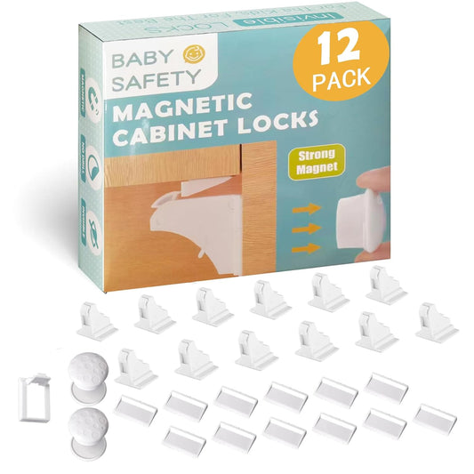12 Pack Magnetic Cabinet Locks Baby Proofing, Child Proof Cabinet Locks, Child Safety Cupboard Drawers Latches - Adhesive Easy Installation