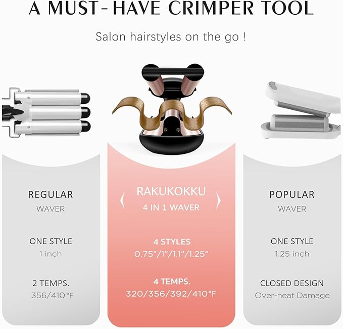 Hair Crimper for Women Beach Waves, Deep Waver Hair Tool for Long Hair, 3 Ceramic Barrel Curling Iron, Adjustable Depths and Temperatures, Dual Voltage