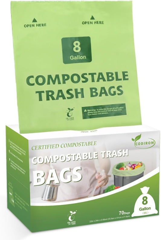 100% Compostable Trash Bags, 8 Gallon, 30 Liter, 0.85 Mils, 70 Count Large Kitchen Food Scrap Compost Bags for Kitchen Step Trash Cans with Europe EN13432 Certified