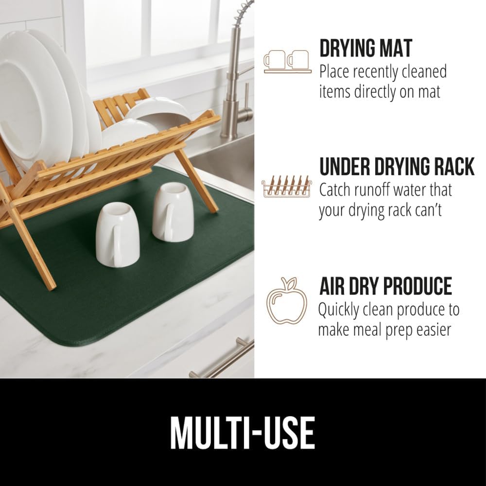 GORILLA GRIP Ultra Water Absorbent Microfiber Dish Drying Mat, Quick Dry Thick Mesh, Slip Resistant Pad for Sink Dishes Under Rack, Kitchen Counter Accessories, 16x18, Machine Wash, 2 PK Hunter Green