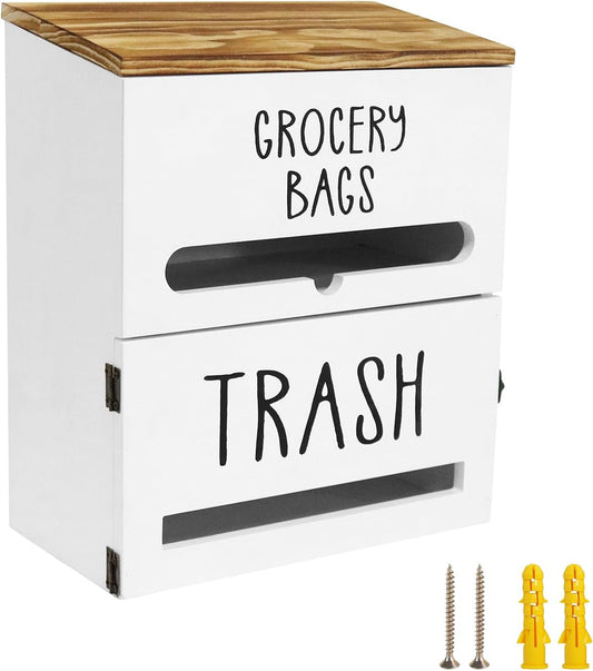 2 in 1 Trash Bag Dispenser, Double Wall Mounted,Wood Trash Bag Holder, used in kitchen, garage, laundry room, can store Environmentally friendly food bags and garbage bags (White)