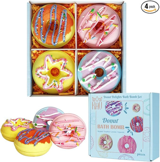 KAV Donut Bath Bombs Gift Set – 4 Piece Handmade Organic Bath Bomb Kit with Essential Oils – Relaxation Spa Gift for Women, Men, Teens, Kids – Self Care & Aromatherapy Soak