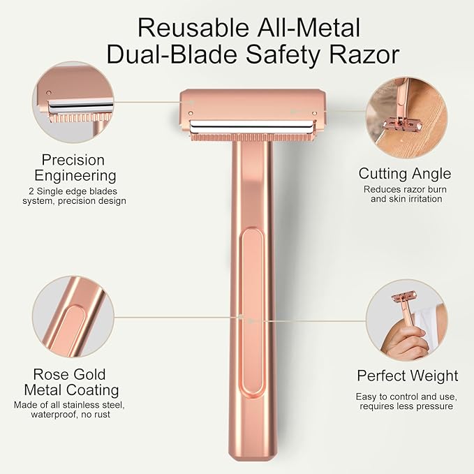 Razors for Women - Dual-Blade Safety Razor with Pivoting Head - Reusable Metal Shaving Razor, with 10 Double Edge Blades, Smooth Close Shave, Rose Glod