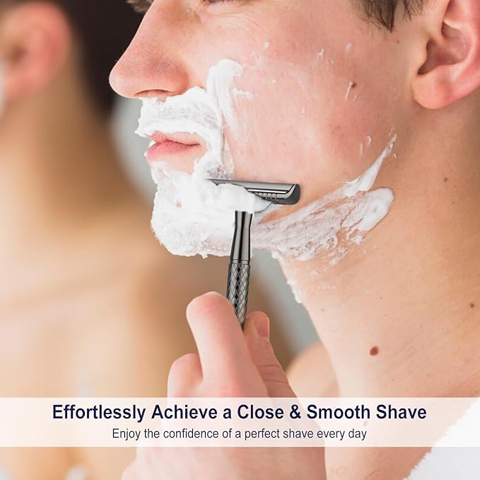 Gun Black Safety Razor - Single Blade Razors for Men - Reusable Metal Razor, with 5 Stainless Steel Double Edge Blades, Smooth Close Shave, Sustainable, Plastic Free