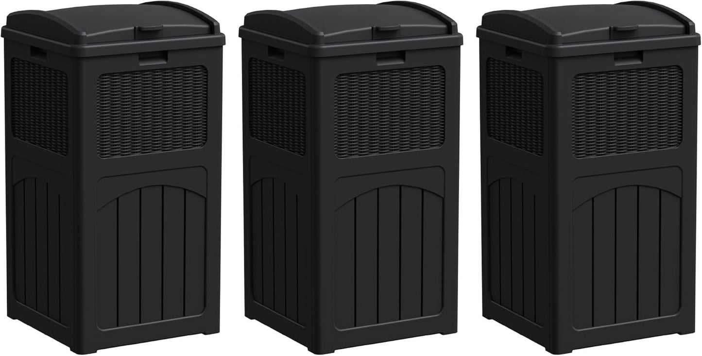 Greesum 33 Gallon Outdoor Trash Can with Lid, Waterproof Resin Garbage Bin for Hideaway, Deck, Patio, 3 Pack, Black