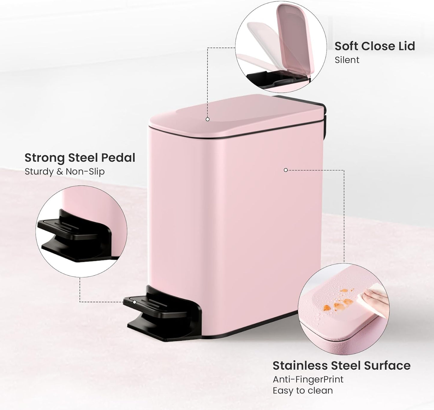 Cesun Small Bathroom Trash Can with Lid Soft Close, Step Pedal, 6 Liter / 1.6 Gallon Stainless Steel Garbage Can with Removable Inner Bucket, Anti-Fingerprint Finish (Pink)