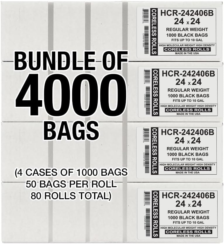 Aluf Plastics High Density Trash Bags, 10 Gallon, 4000 Count, 6 Micron (eq), 24" x 24", Black, for Bathroom, Office, Industrial, Commercial, Janitorial, Municipal, Recycling