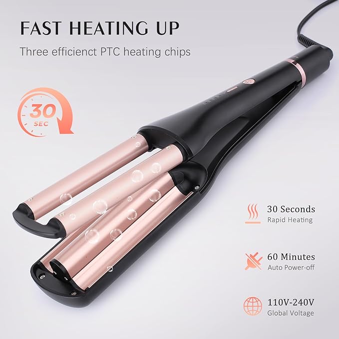 Hair Crimper for Women Beach Waves, Deep Waver Hair Tool for Long Hair, 3 Ceramic Barrel Curling Iron, Adjustable Depths and Temperatures, Dual Voltage