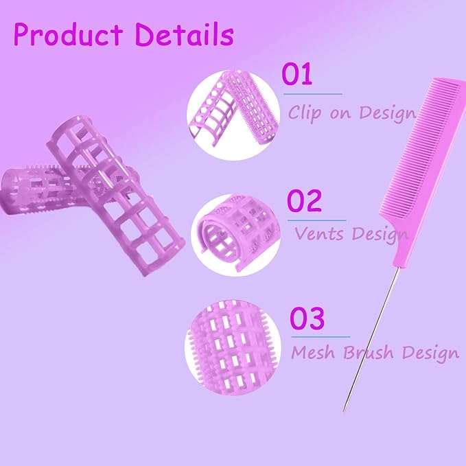 28PCS Plastic Hair Rollers Set 1.5cm/0.6in Heatless Hair Rollers Hair Curlers Snap on Rollers Self Grip Rollers Hairdressing Curlers Tools for DIY Hairdressing Hair Salon（purple）
