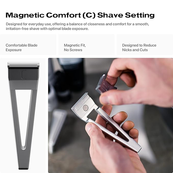 HYPE X1 Safety Razor Custom Pro Set - Magnetic Comfort (C), Sensitive (S) & Ultra-Close (UC) Shave Settings, 20 Non-Proprietary Blades - Single Blade Gentle Shaving Razors For Men and Women - Silver