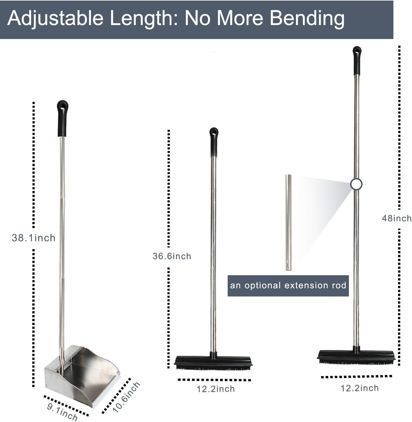 Rubber Broom and Dustpan Set,Pet Hair Removal Rubber Broom with Squeegee and Stainless Steel Dust Pan,Carpet Rake Push Broom and Dustpan for Fluff Hardwood Floor Tile (Black)