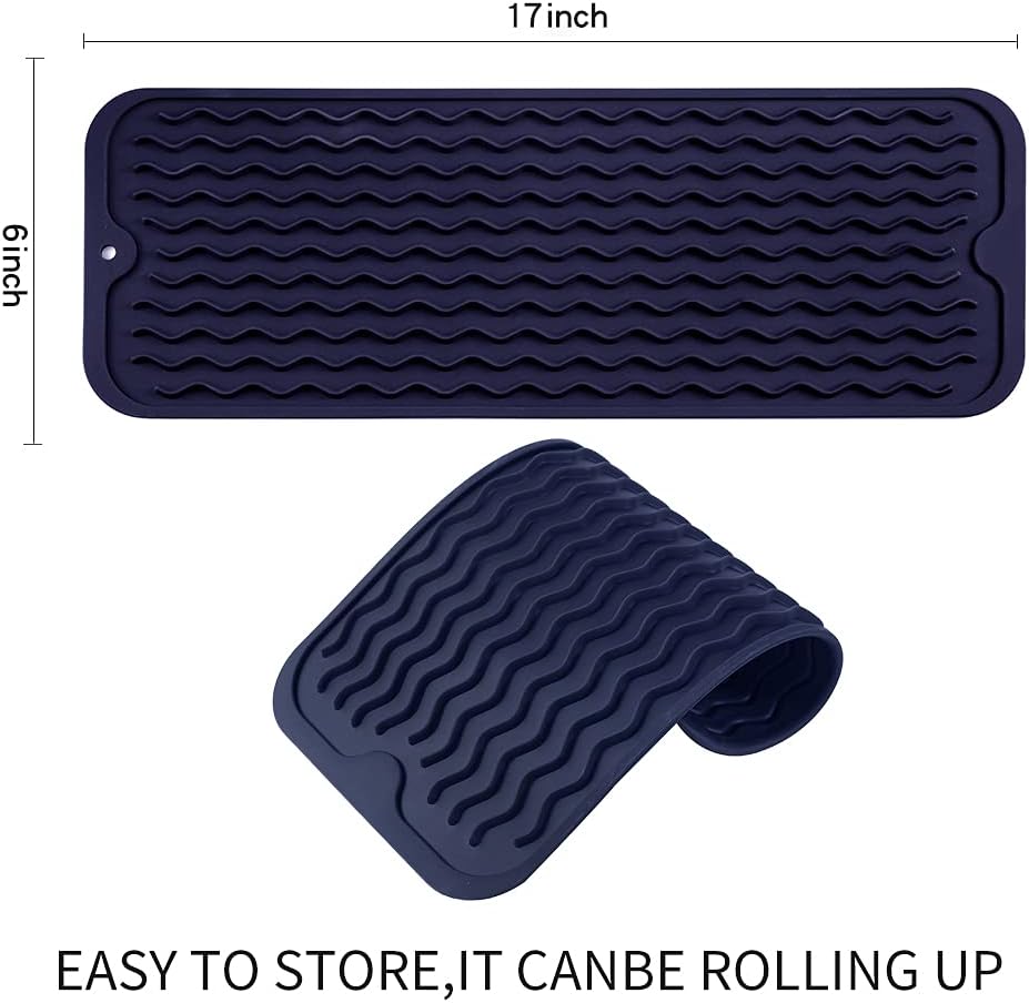 Silicone Dish Drying Mat for Multiple Usage,Easy clean,Eco-friendly,Heat-resistant Silicone Mat for Kitchen Counter,Sink,Bar,Bottle,or Cup Navy Blue M 17 inches x 6 inches