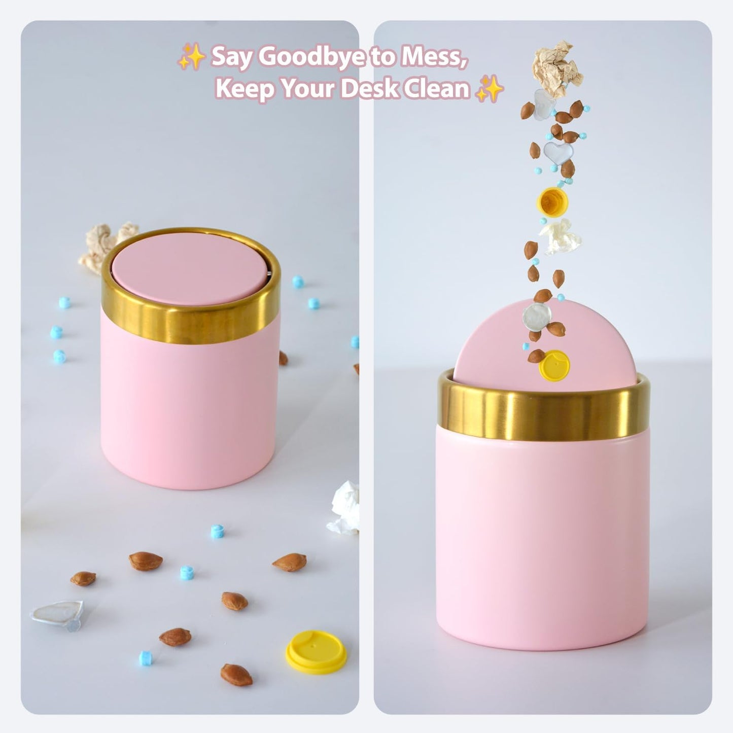 Mini Trash Can with Lid, Metal Small Tiny Mini Trash Bin Can, Mini Countertop Trash Cans for Desk Car Office Kitchen, Swing Top Trash Bin 1.5 L/0.40 Gal (Pink)