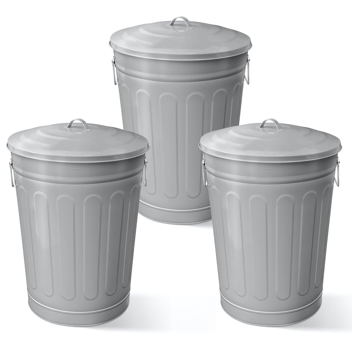 Plexon Round Trash Can 13 Gallon, Vintage Metal Outdoor Trash Can with Lid, Retro Farmhouse Garbage Container, Old School Modern Ash Bucket, Gray 3 Pack