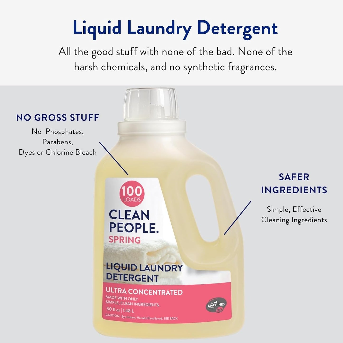 The Clean People Liquid Laundry Detergent - Recyclable Packaging, Stain Fighting - Ultra Concentrated, Laundry Soap - Spring Scent, 50 fl oz (2 Pack)