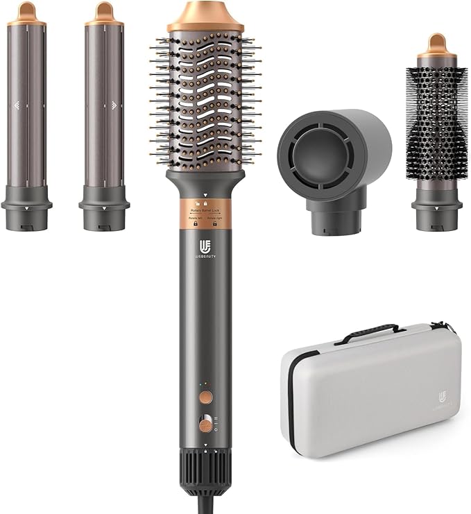 5 in 1 Hot Air Brush Hair Dryer Air Styler - 110,000 RPM Fast Drying, Curling, Straightening with Ceramic Coating & Negative Ion, No Heat Damage for All Hair Types, Includes Travel Case (Gold)