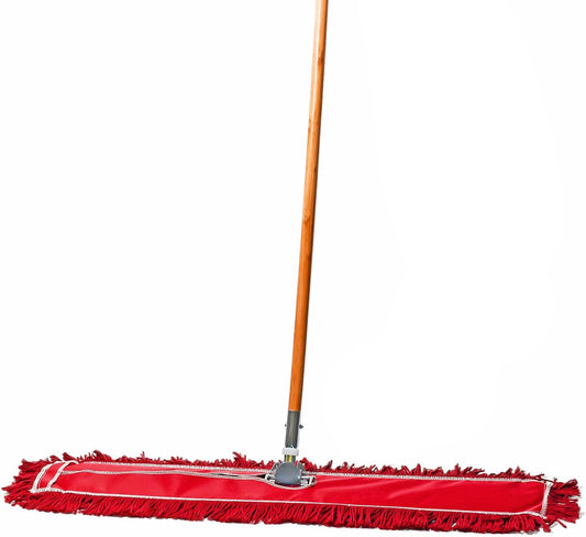 36 Inch Red Commercial Dust Mop & Floor Sweeper – Wood Handle Floor Mop for Tile, Hardwood & Concrete
