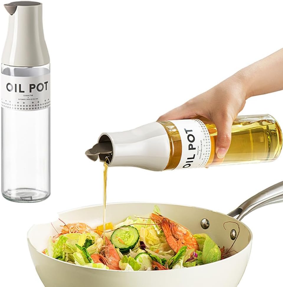 Olive Oil Dispenser Bottle, Auto Flip Non-Drip Design, Leak Proof Soy Sauce & Vinegar Dispenser, Glass Oil Bottle with 500ml Capacity, Warm Grey (1)