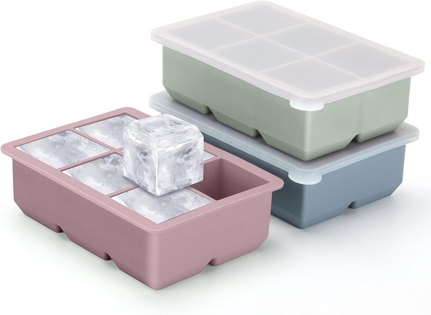 Silicone Ice Cube Trays 3 Pack - Large Size Silicone Ice Cube Molds with Leak Proof Removable Lid Square Ice Cube Tray And BPA Free for Cocktail,Whiskey, Stackable Flexible Ice