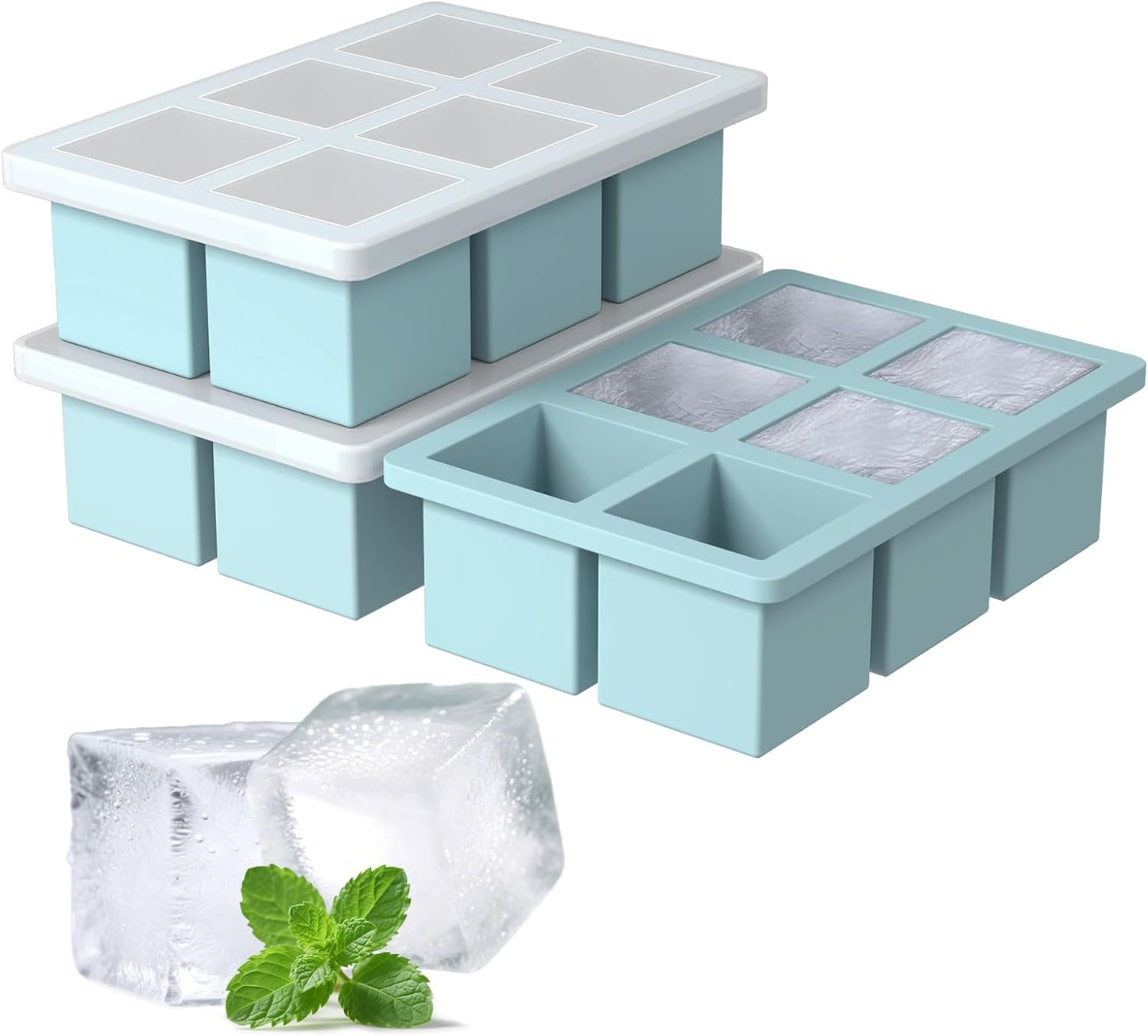 Large Silicone Ice Cube Tray 3Pack, SAWNZC Big Square Ice Cube Molds for Whisky Cocktail, Ice Maker Tray with Lid for Freezer, Easy Release (3, Blue)