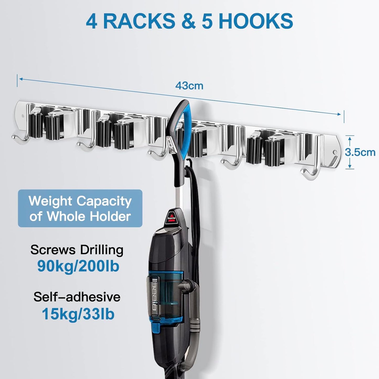 IMILLET Broom Holder Wall Mounted, Stainless Steel Broom Mop Holder Self Adhesive Heavy Duty Hooks Storage Organizer for Home Laundry Room Garden Garage Closet Kitchen 1 Pack（4 Racks with 5 Hooks）