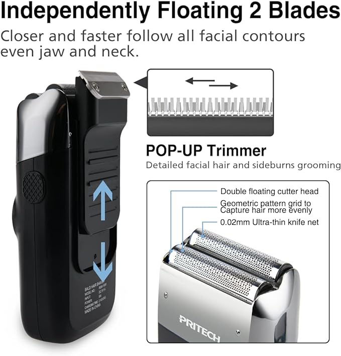 PRITECH Foil and Bald Shavers 2 in 1 Electric Shaver for Men Foil Blade and PopupTrimmer with Rechargeable 3 Adjustable Speeds Men's Shaver (Black Silver)