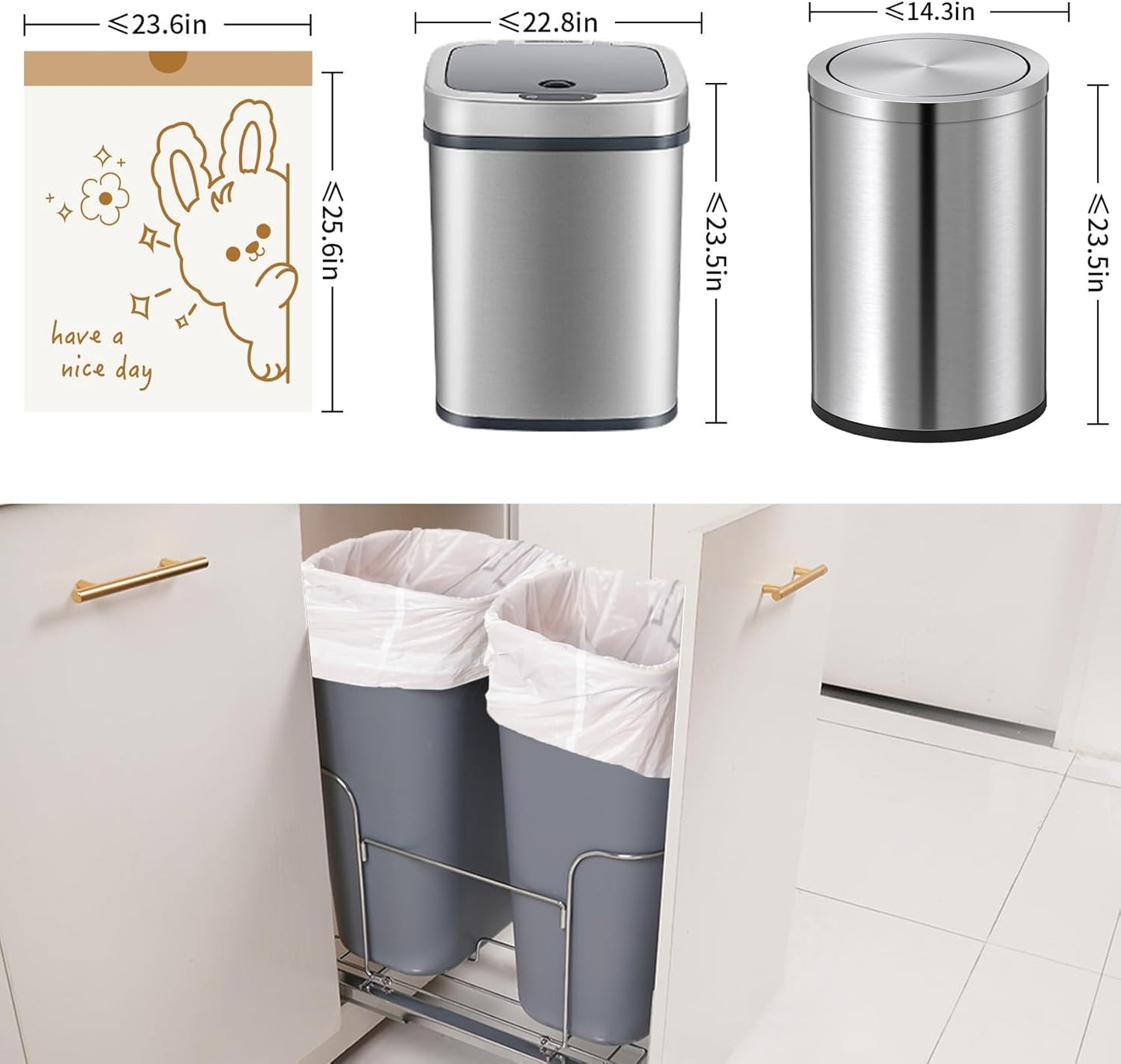 13 Gallon Trash Bags with Cute Rabbit Printed & Drawstring, Tear-Resistant Tall Kitchen Garbage Bags, Heavy-Duty Large Trash Can Liners for Home/Office, 50 Counts