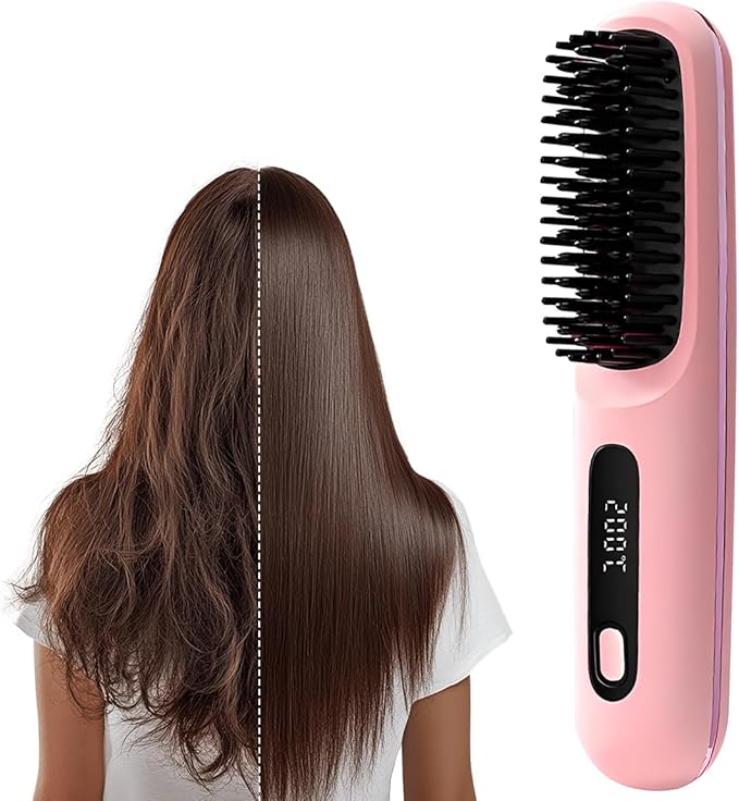 Go Brush Pro, 2025 New Go Brush Pro, Portable Straightener Brushs for Travel, with LCD Temperature Display, Fast Heating Cordless Mini Hair Brushs (Pink)