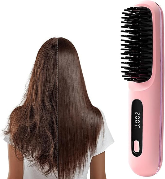 Go Brush Pro, 2025 New Go Brush Pro, Portable Straightener Brushs for Travel, with LCD Temperature Display, Fast Heating Cordless Mini Hair Brushs (Pink)