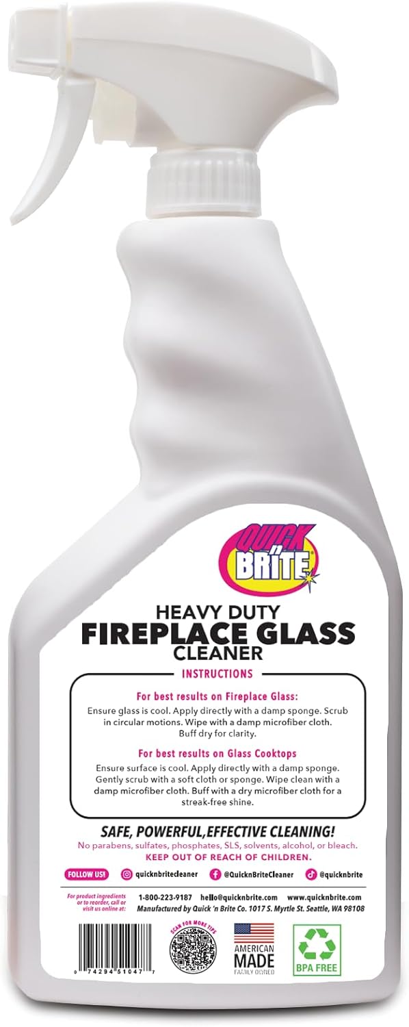 Quick N Brite Fireplace Glass Cleaner 24oz, Nonabrasive Cleaning Spray for Fireplace Glass, Oven Glass, Glass Cooktops, Ceramic-Glass, Microwave Glass (Pack of 3)