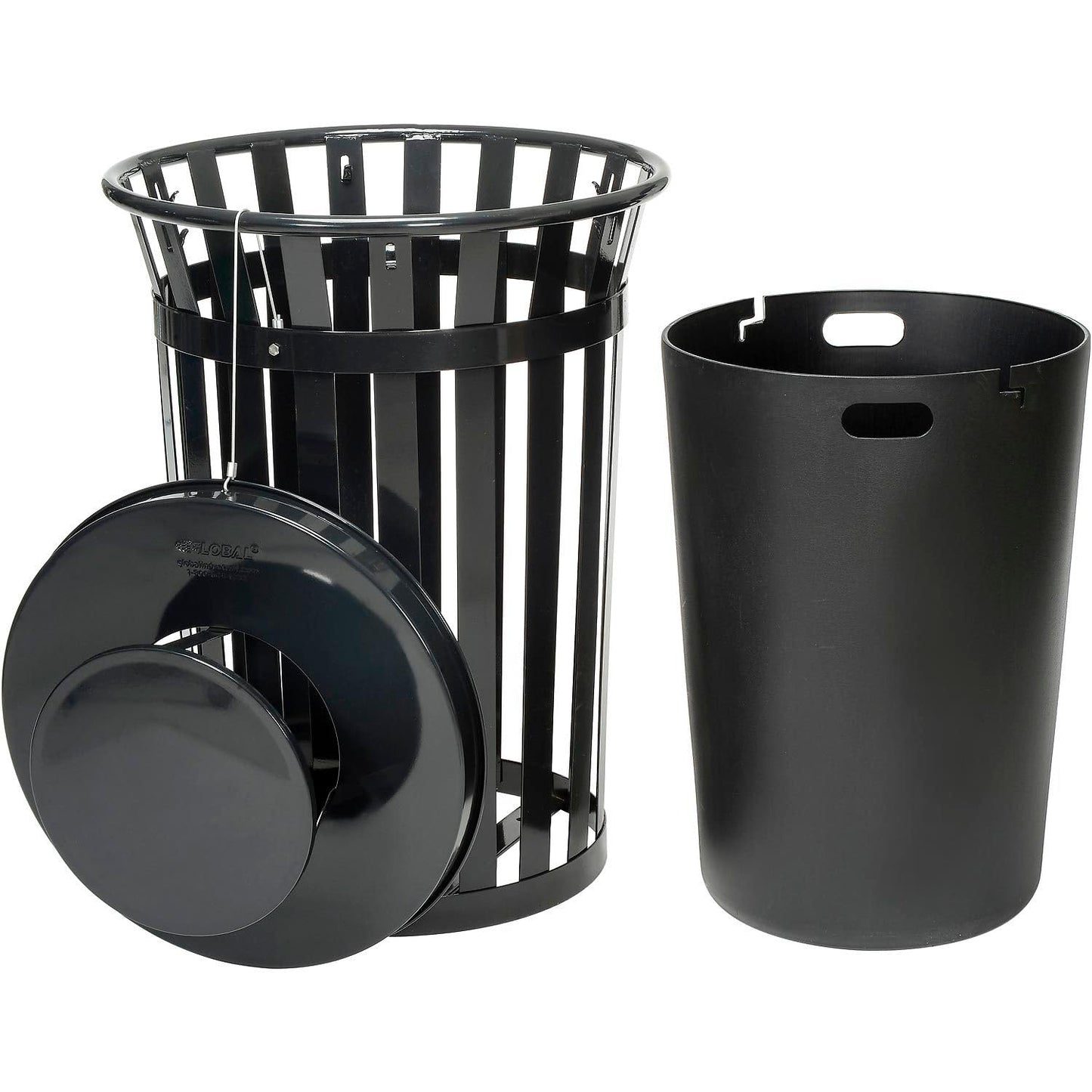 Global Industrial Heavy-Duty 36 Gallon Capacity Outdoor Metal Slatted Trash Receptacle with Rain Bonnet Lid & Plastic Liner, Black, Commercial & Industrial Trash Can