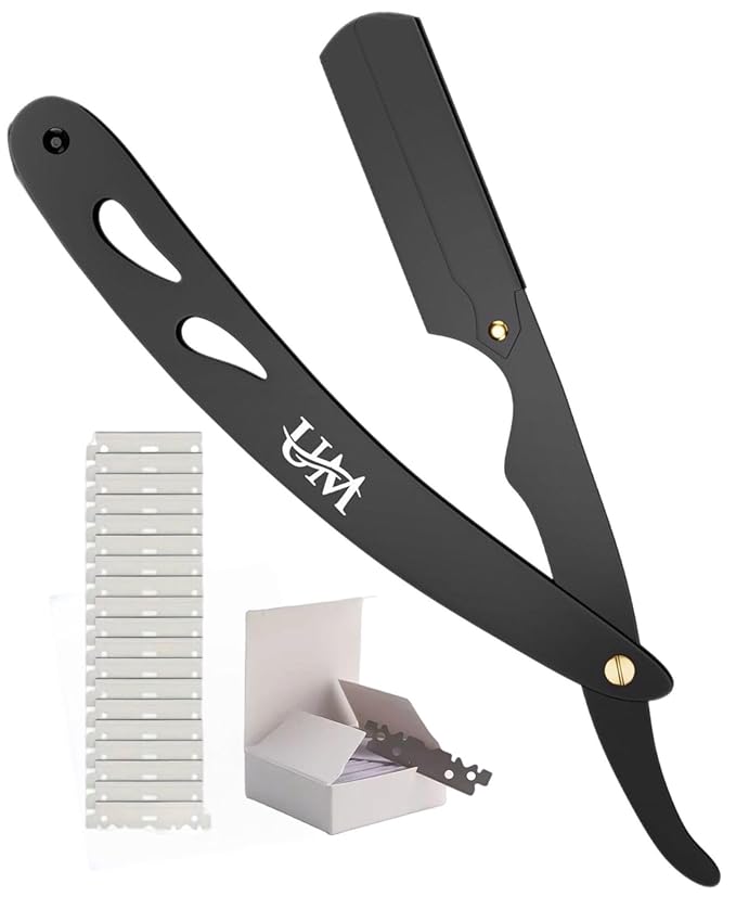 UM Supplies Straight Edge Razor with 20 Replaceable Single Edge Blades kit | Men's Straight Shaving Razors | Navajas para Barbero