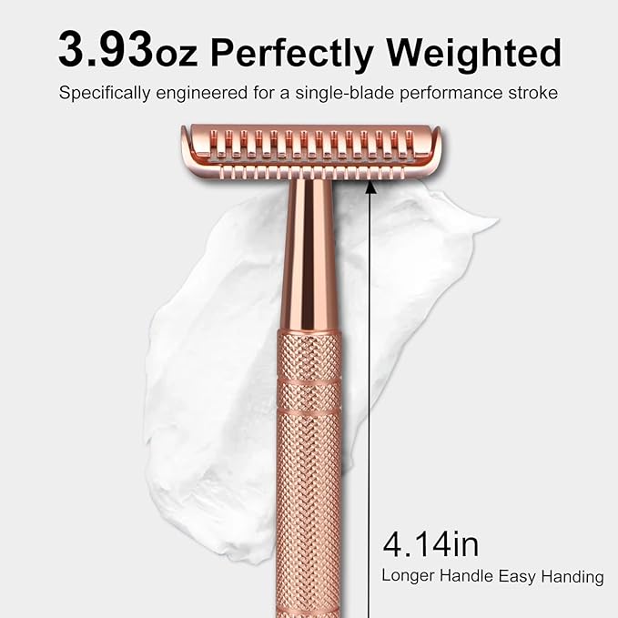 Double Edge Safety Razor with Stand, 10 Double Edge Blades, Single Blade Razors for Men and Women, Long and Heavy Duty Stainless Steel Handle, Rose Gold