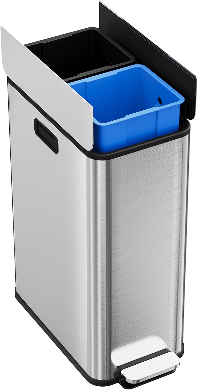 2 x 7.4 Gal (2 x 28L) Slim Trash Can, Stainless Steel Dual Compartment Step-On Recycling Bin with Butterfly Lids & Removable Plastic Inner Buckets for Kitchen, Home, Office