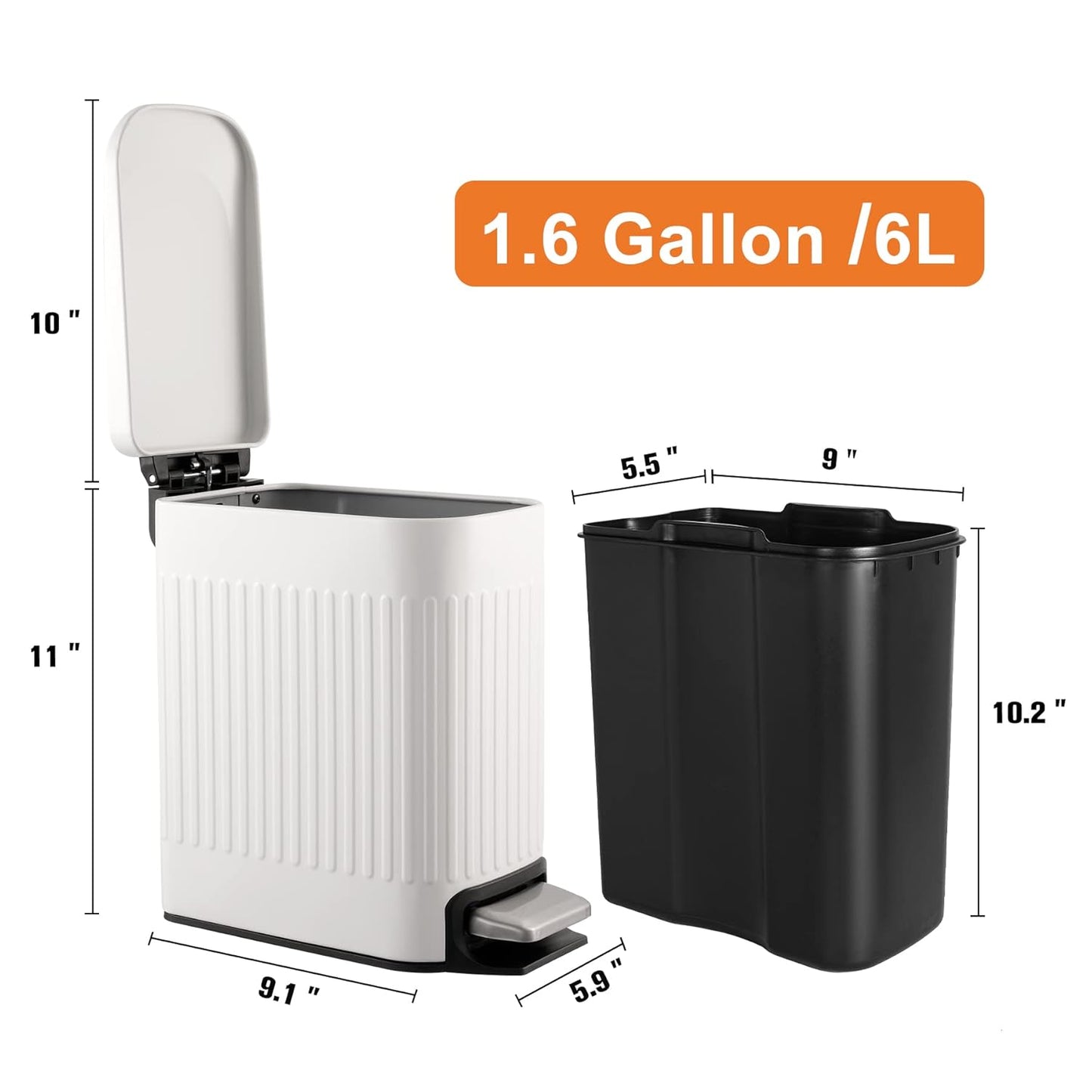 TrashAid Slim Bathroom Trash Can with Lid Soft Close, 6 Liter/1.6 Gallon Stainless Steel Small Garbage Can with Removable Inner Bucket, Step Pedal, Slim Wastebasket for Toilet, Office, Bedroom, White