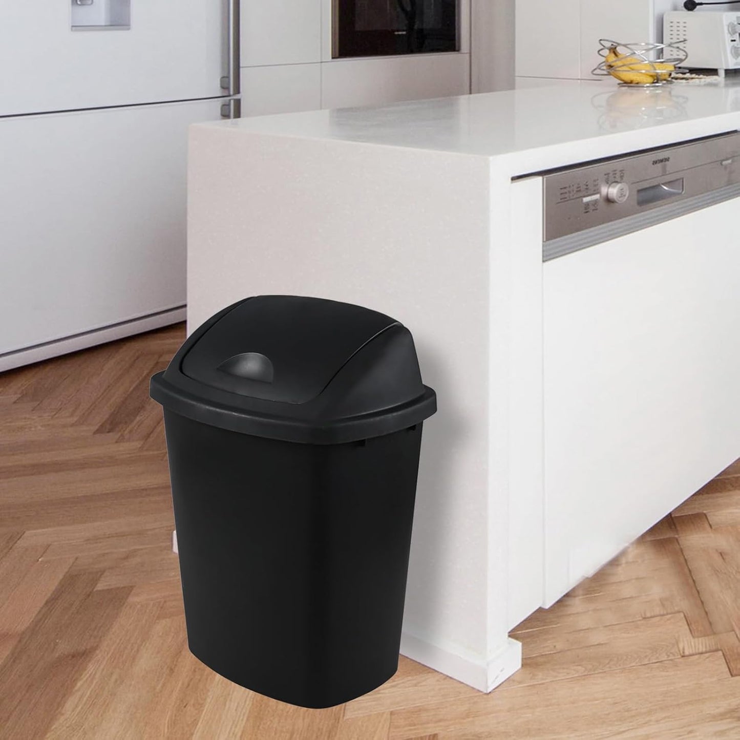 Zopnny 8 Gallon Plastic Swing Top Garag Bin, Lidded Wastebasket Trash Can for Kitchen or Workspace, Set of 4, Black