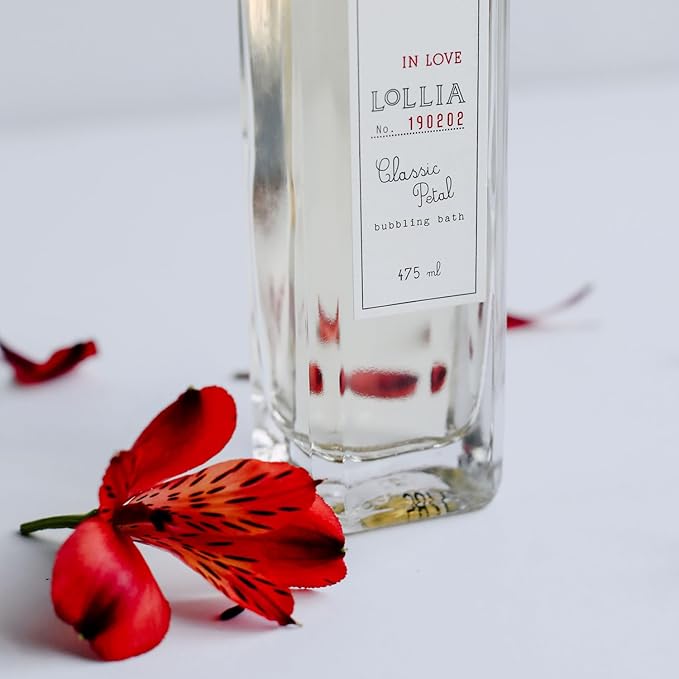 Lollia in Love Bubble Bath, 16 fl. oz., Classic Petal Scent, Gentle & Moisturizing Bubbling Liquid Soap for Women, Hydrating Ingredients, Luxury Beauty Care