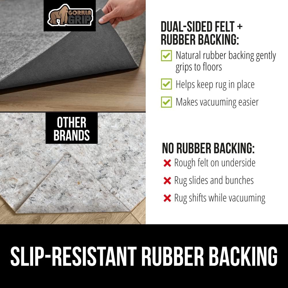 GORILLA GRIP Felt and Natural Rubber Stay in Place Slip Resistant Rug Pad, 1/4in Thick, 2x10 FT Protective Padding Under Area Rugs, Cushioned Gripper Pads, Carpet Runners, Hardwood Floors Protection