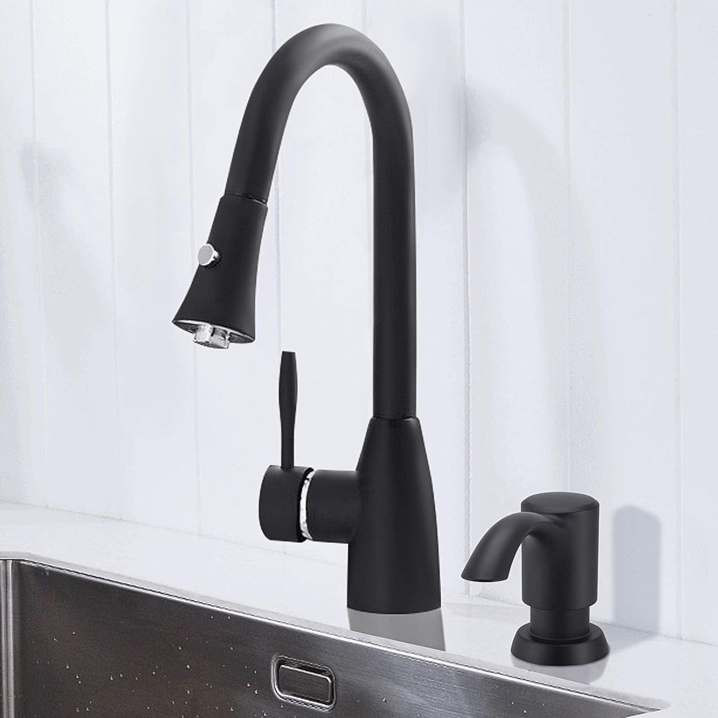 SAMODRA Built in Kitchen Sink Soap Dispenser (Matte Black) with 12 oz Large PET Lotion Bottle, Refill from Top