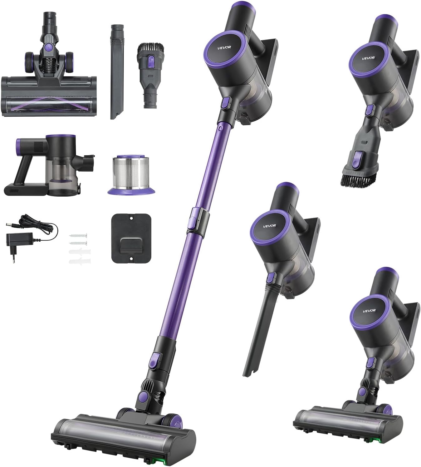 VEVOR Cordless Vacuum Cleaner, 25KPA Max Powerful Suction, Rechargeable Anti-Tangle Stick Vacuum with Dust Cup, Lightweight Handheld Vac with 35mins Runtime for Home, Carpet, Pet Hair, Hard Floor